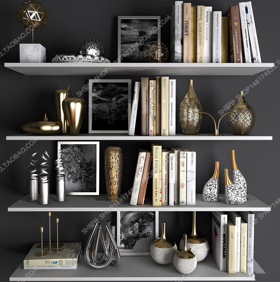 现代花瓶书籍金属摆件组合3D模型ID：370356.jpeg