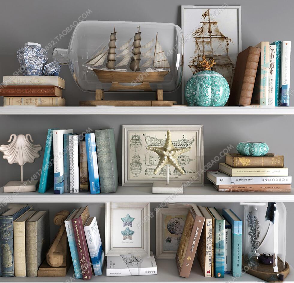 现代书籍海洋元素饰品摆件组合3D模型ID：384424.jpeg