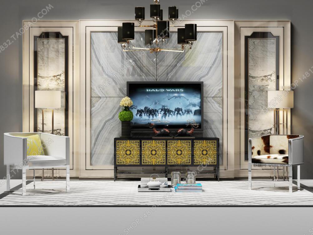 后现代电视墙电视柜单椅吊灯3D模型ID：403352.jpeg
