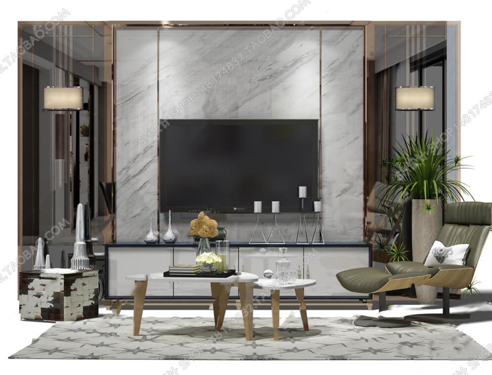 现代电视背景墙茶几休闲椅组合3D模型ID：446490.jpeg