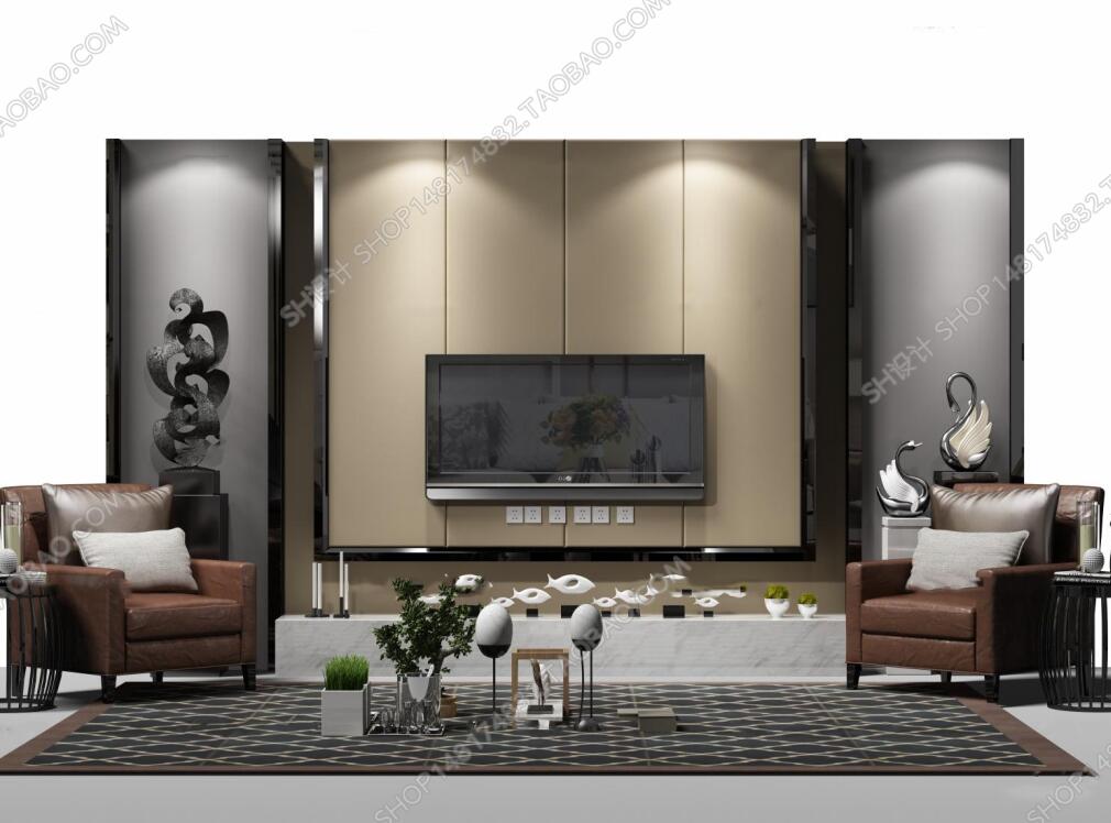 现代电视背景墙单人沙发摆件组合3D模型ID：403398.jpeg