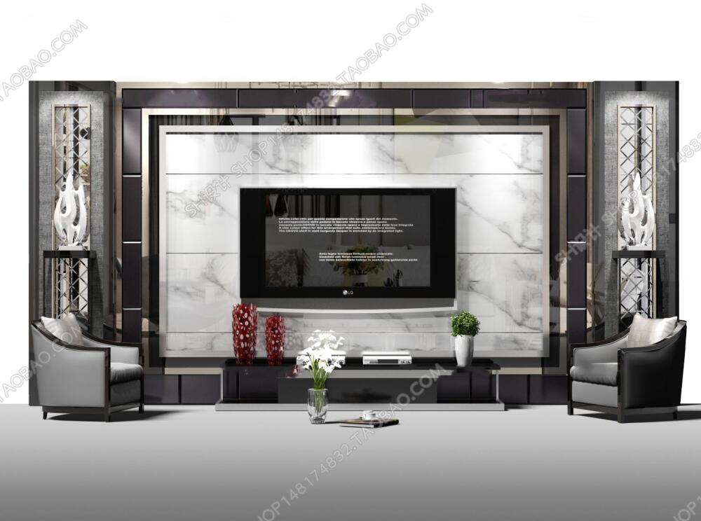 现代电视背景墙单椅摆件组合3D模型ID：403392.jpeg