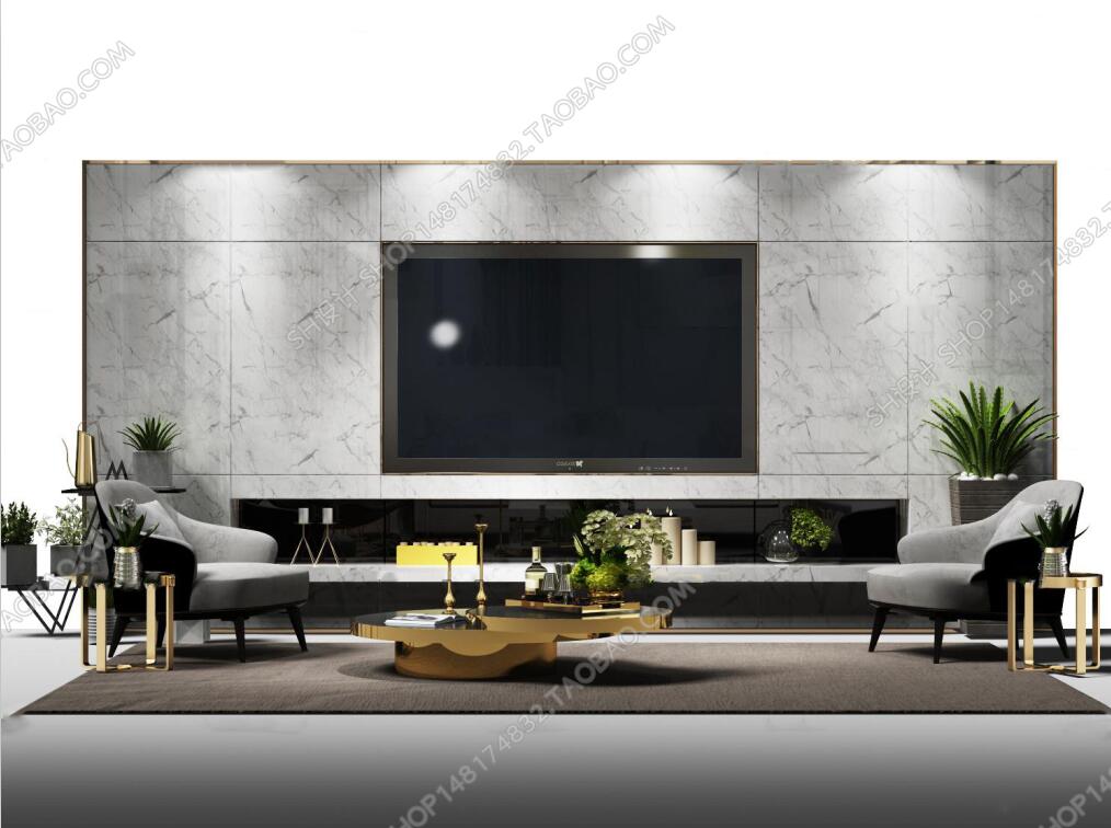 现代电视背景墙单椅茶几摆件组合3D模型ID：403393.jpeg