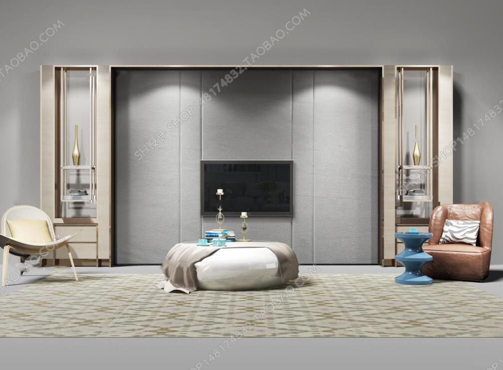 现代电视背景墙单椅茶几圆几摆件组合3D模型ID：403354.jpeg