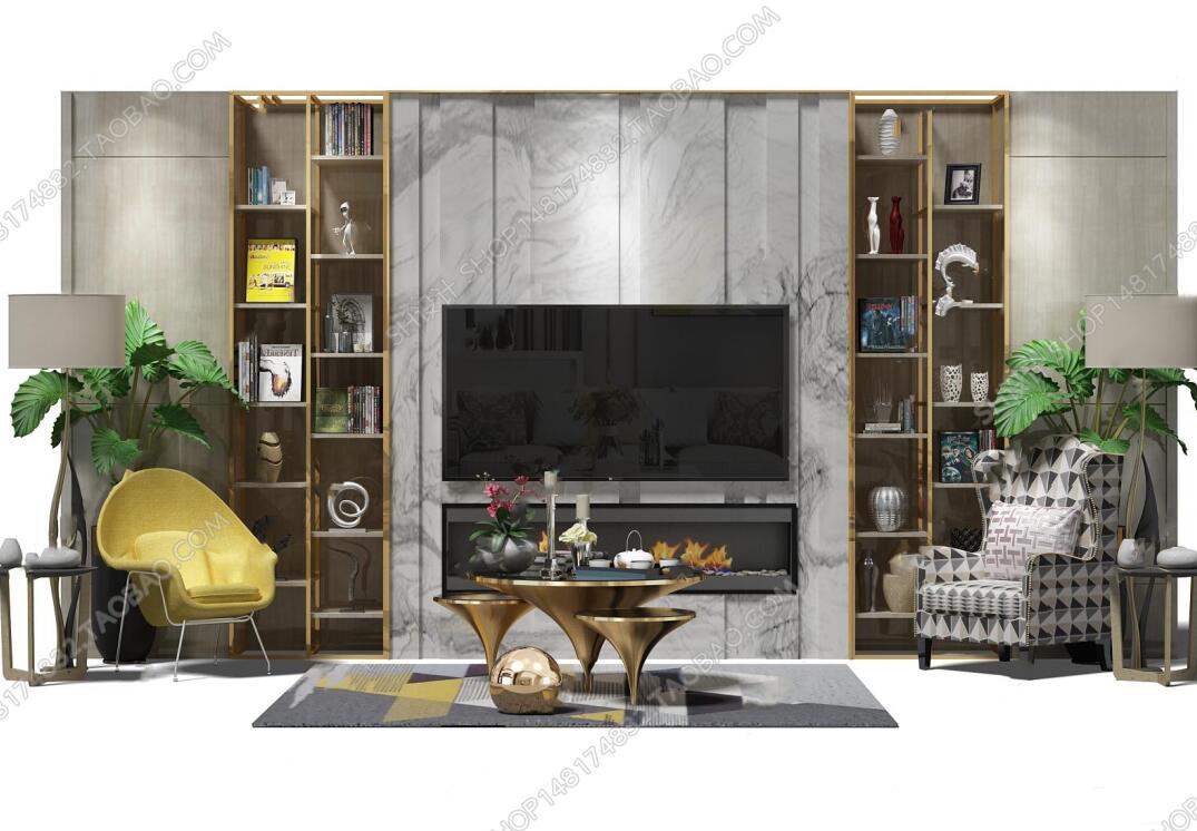 现代电视背景墙单椅茶几装饰架组合3D模型ID：446485.jpeg