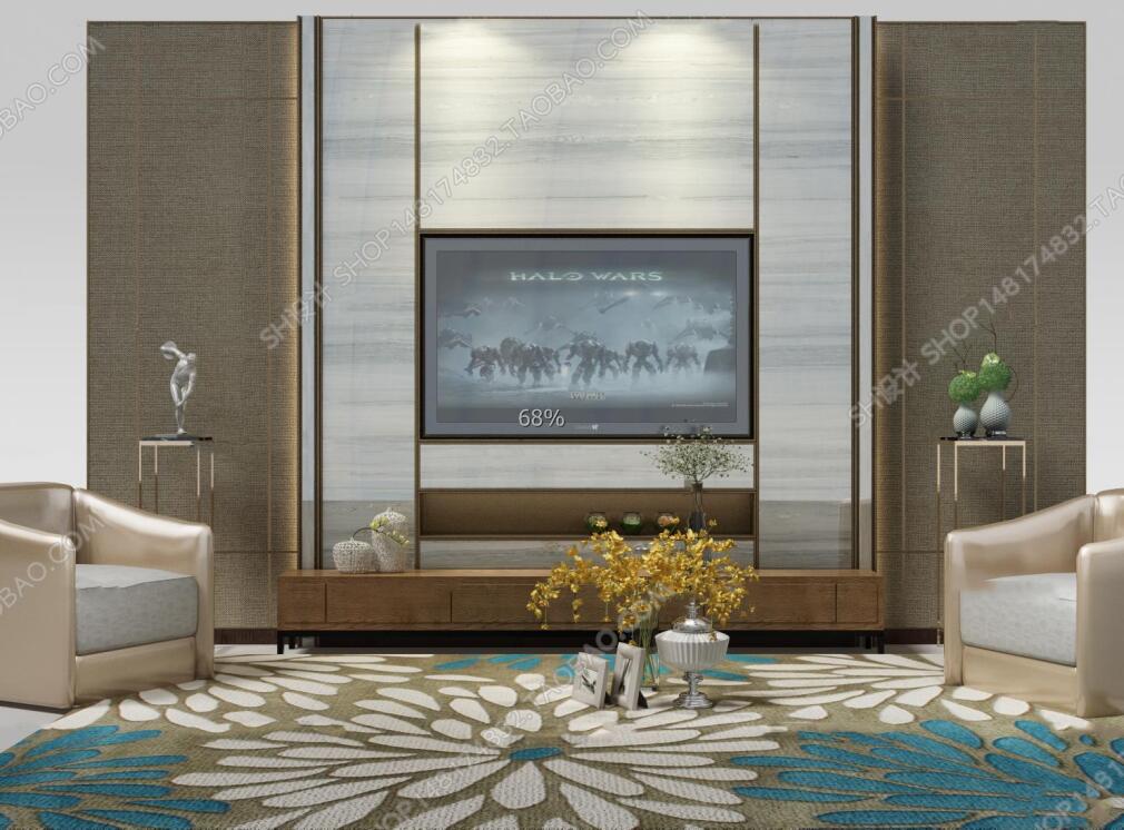 现代电视背景墙电视柜单椅摆件组合3D模型ID：400487.jpeg