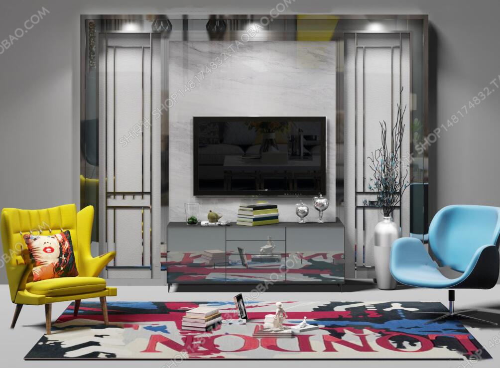 现代电视背景墙电视柜单椅摆件组合3D模型ID：403359.jpeg