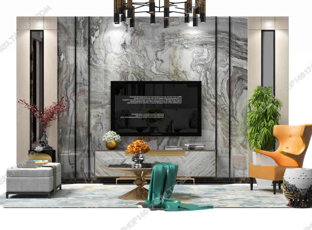 现代电视背景墙电视柜沙发茶几摆件组合3D模型ID：416318.jpeg