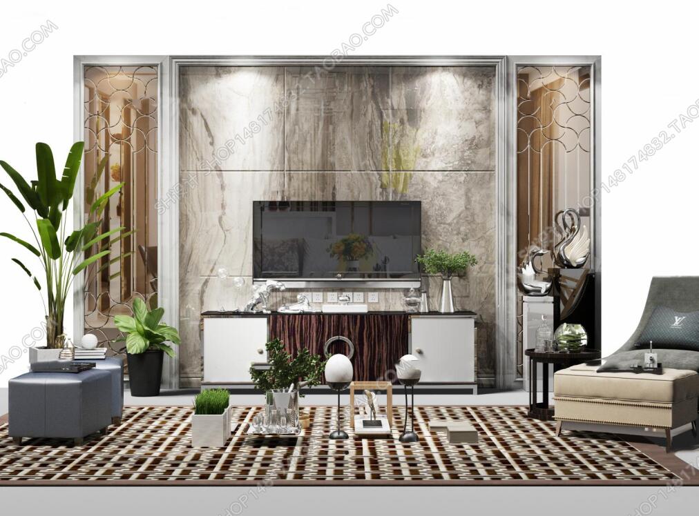 现代电视背景墙电视柜沙发脚踏摆件组合3D模型ID：403385.jpeg