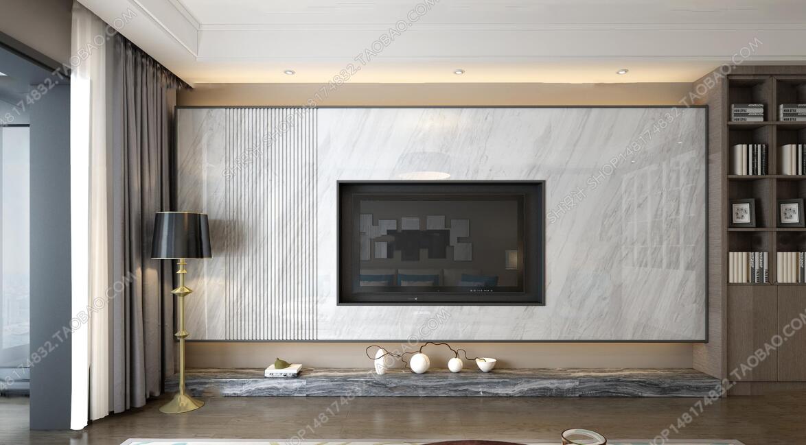 现代电视背景墙电视柜书柜组合3D模型ID：429058.jpeg