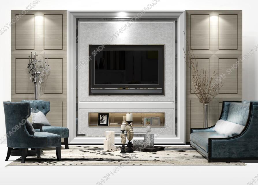 现代电视背景墙沙发摆件组合3D模型ID：416300.jpeg