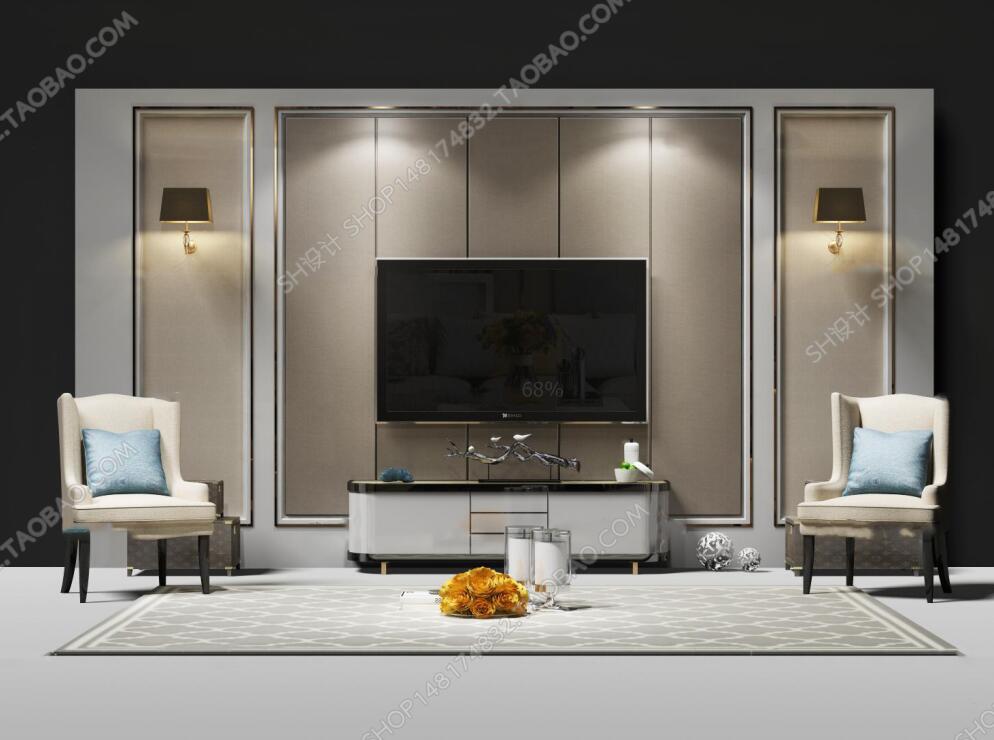 现代电视墙电视柜单椅壁灯摆件3D模型ID：403368.jpeg