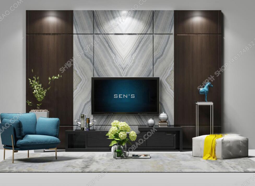 现代电视墙电视柜沙发摆件3D模型ID：403361.jpeg