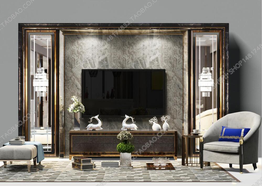 现代电视墙电视柜沙发摆件3D模型ID：403365.jpeg