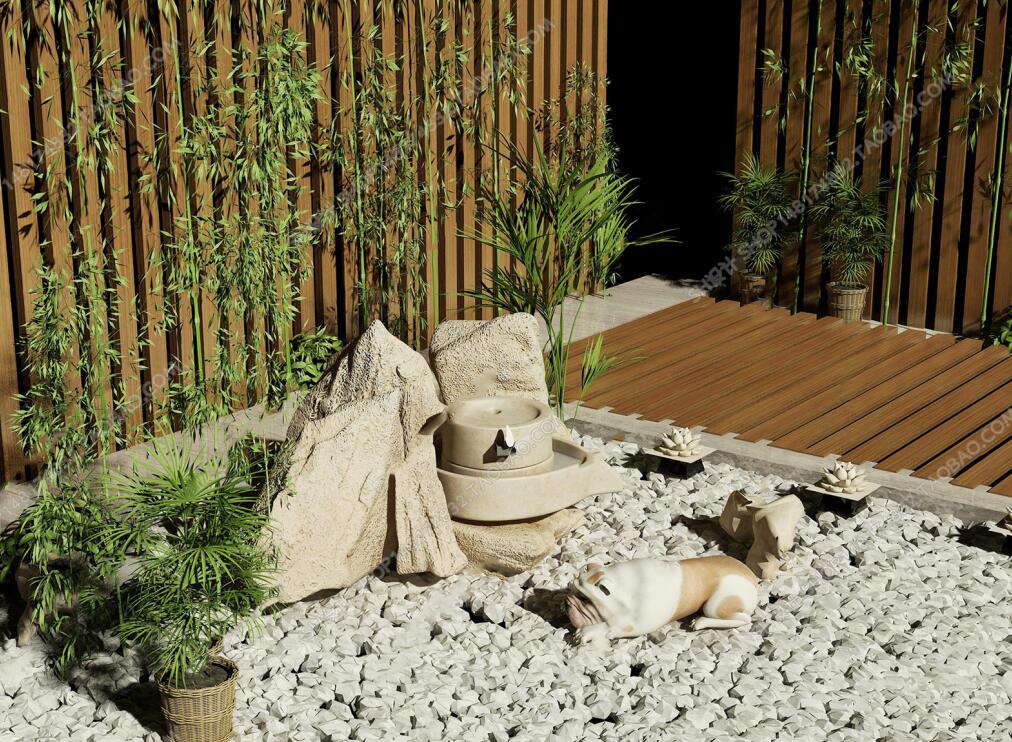 新中式假山竹子石磨组合3D模型ID：441205.jpeg