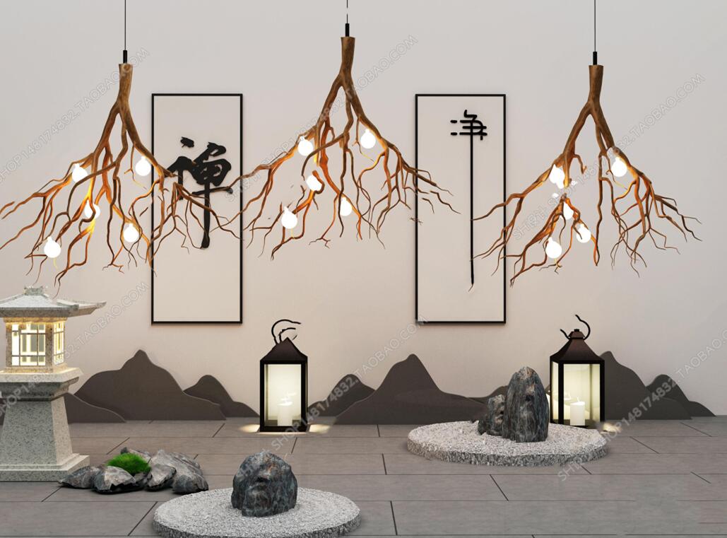 新中式树枝吊灯落地灯石头摆件组合3D模型ID：437286.jpeg
