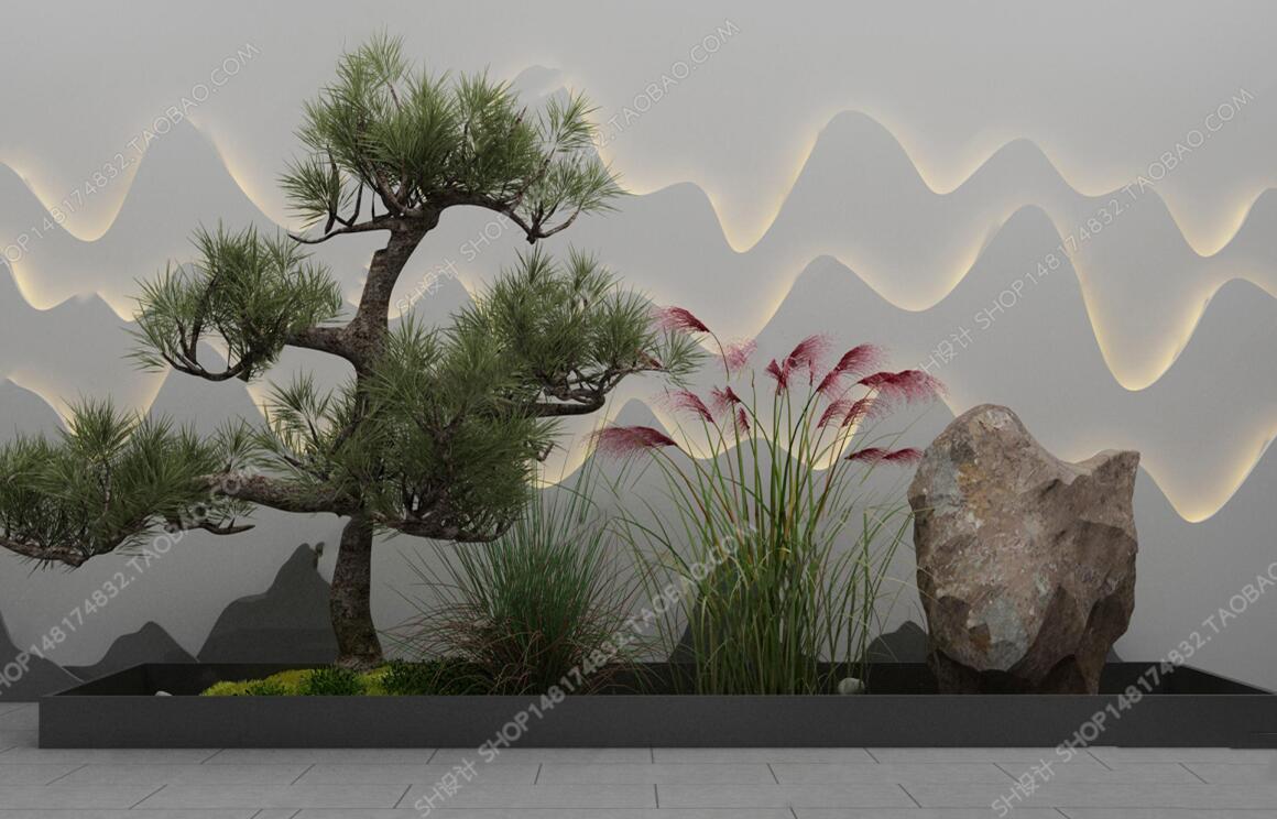 新中式松树石头组合3D模型ID：446890.jpeg