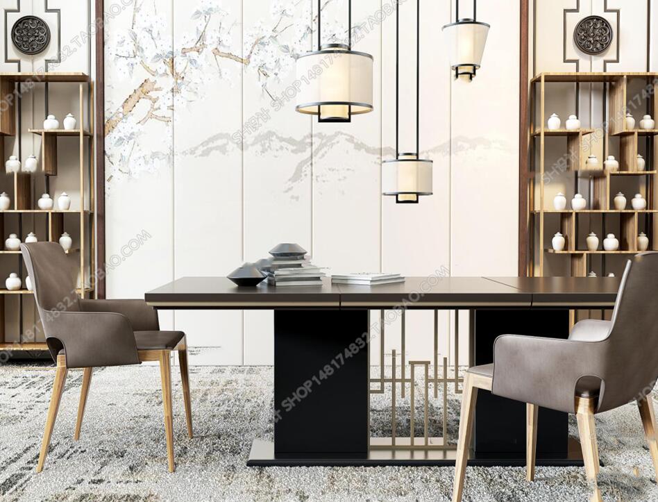 新中式餐厅餐桌椅装饰柜组合3D模型ID：297301.jpeg