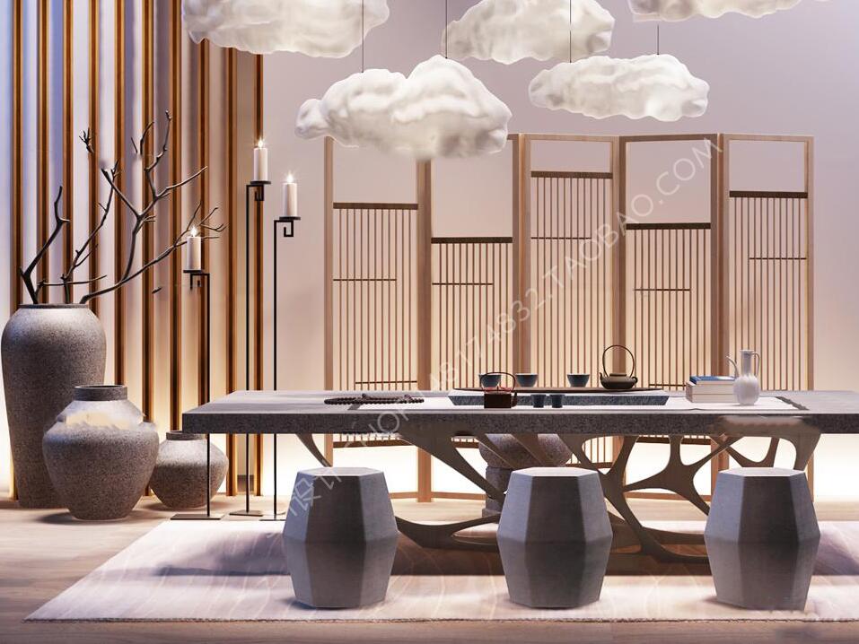 新中式茶室泡茶桌椅屏风植物组合3D模型ID：268175.jpg