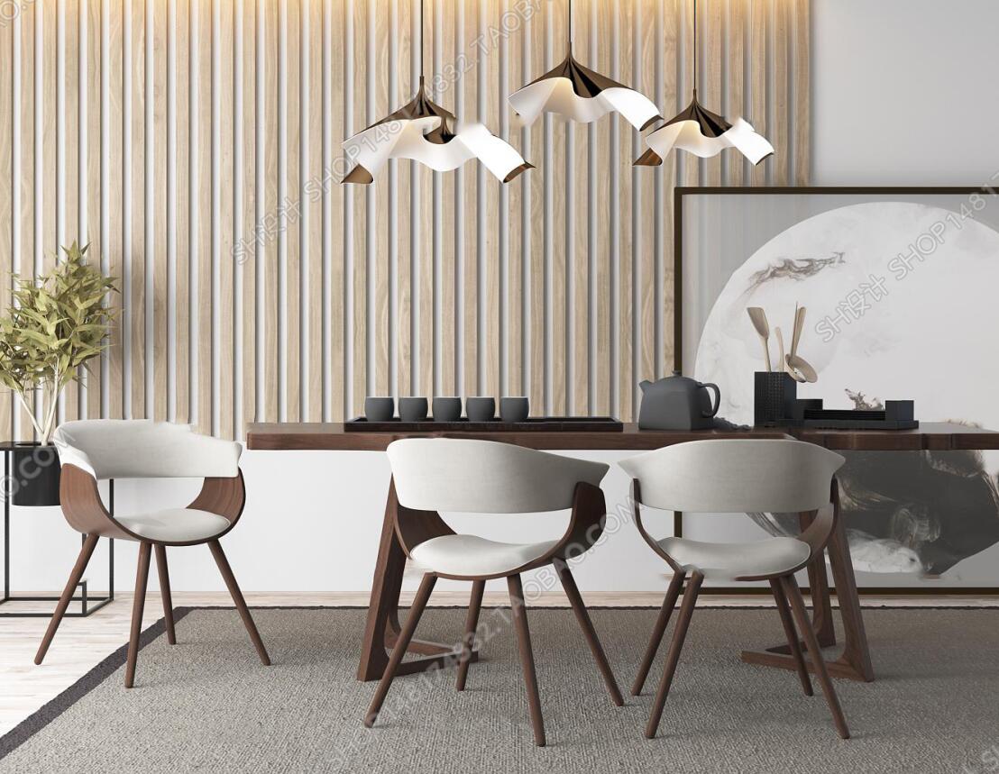 新中式实木茶桌椅装饰画吊灯盆栽3D模型ID：323028.jpeg