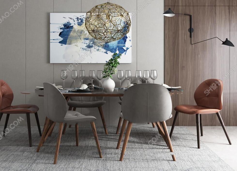 后现代木质餐桌椅吊灯组合3D模型ID304954.jpeg