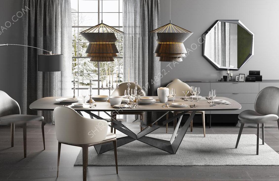 现代餐厅餐桌椅餐具吊灯组合3D模型ID269843.jpg
