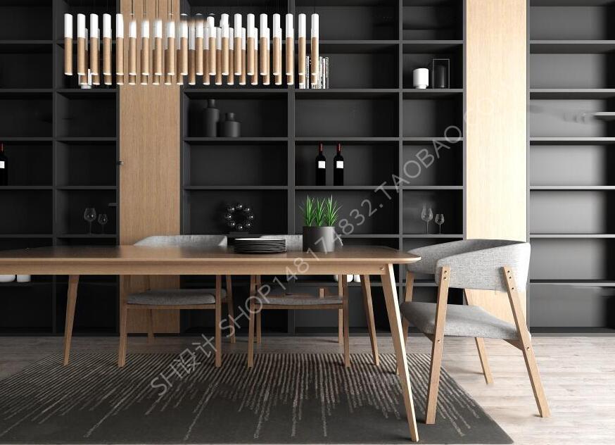 现代餐厅桌椅吊灯装饰柜组合3D模型ID288521.jpeg
