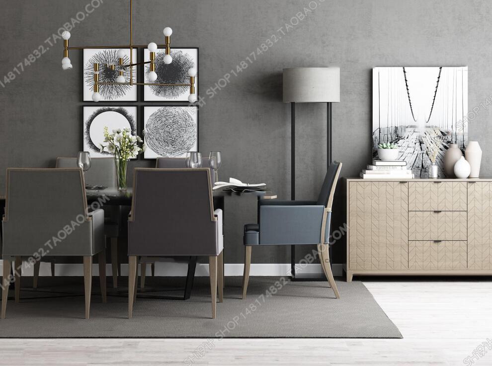 现代餐桌椅边柜挂画吊灯组合3D模型ID311600.jpg