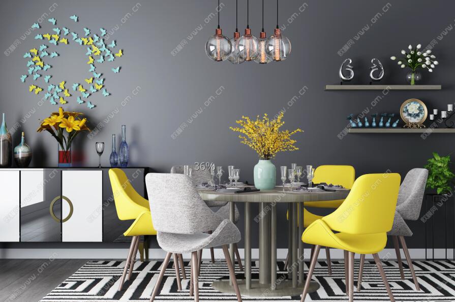 北欧餐桌椅边柜吊灯摆件组合3D模型ID：457146.jpeg