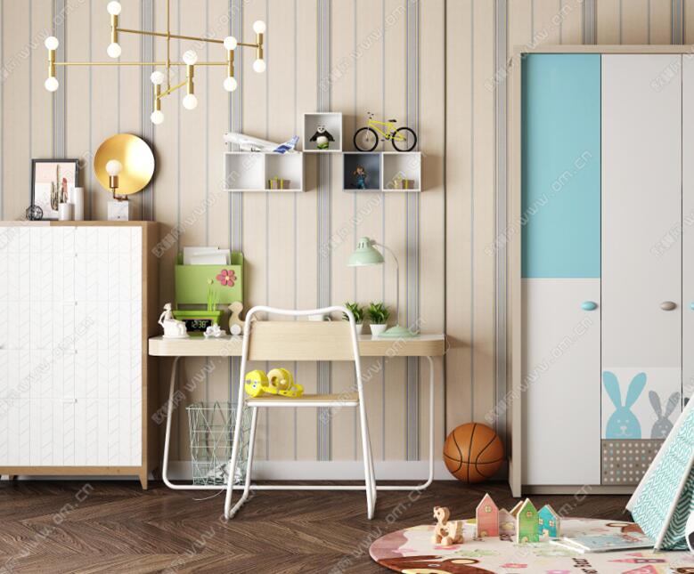 北欧儿童书桌椅衣柜组合3D模型ID：446383.jpeg
