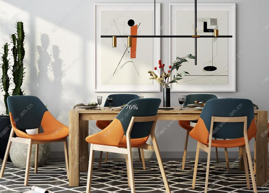 北欧实木餐桌椅吊灯装饰画摆件3D模型ID：457751.jpeg